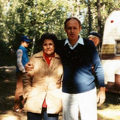 Ravens Roost, Tomahawk, Wisconsin, July 1984: Dad with Grandma, Anton and Frank the Beachcomber in the background